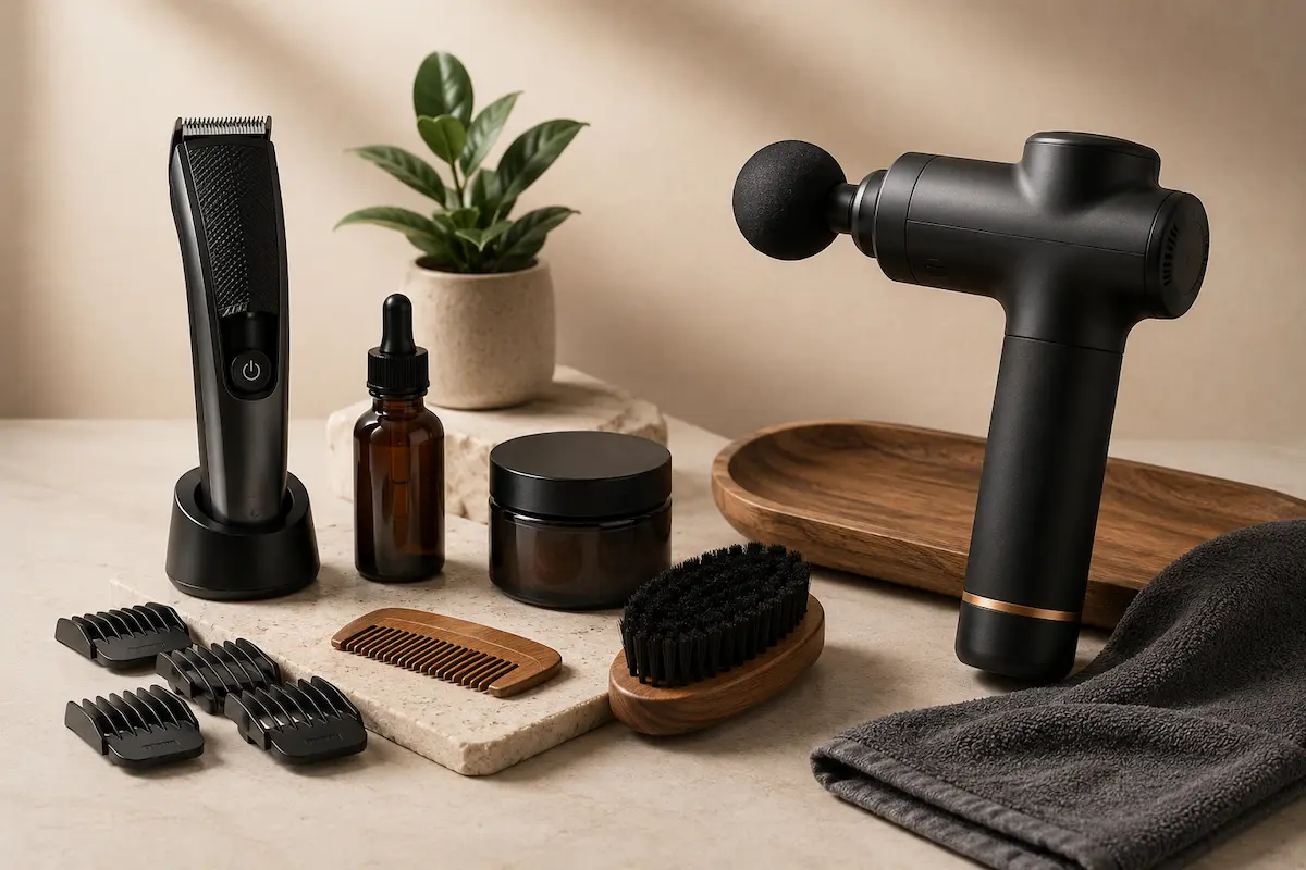 Father’s Day grooming and recovery gifts including trimmer kit, beard care items, comb, brush, oil, balm, and massage gun