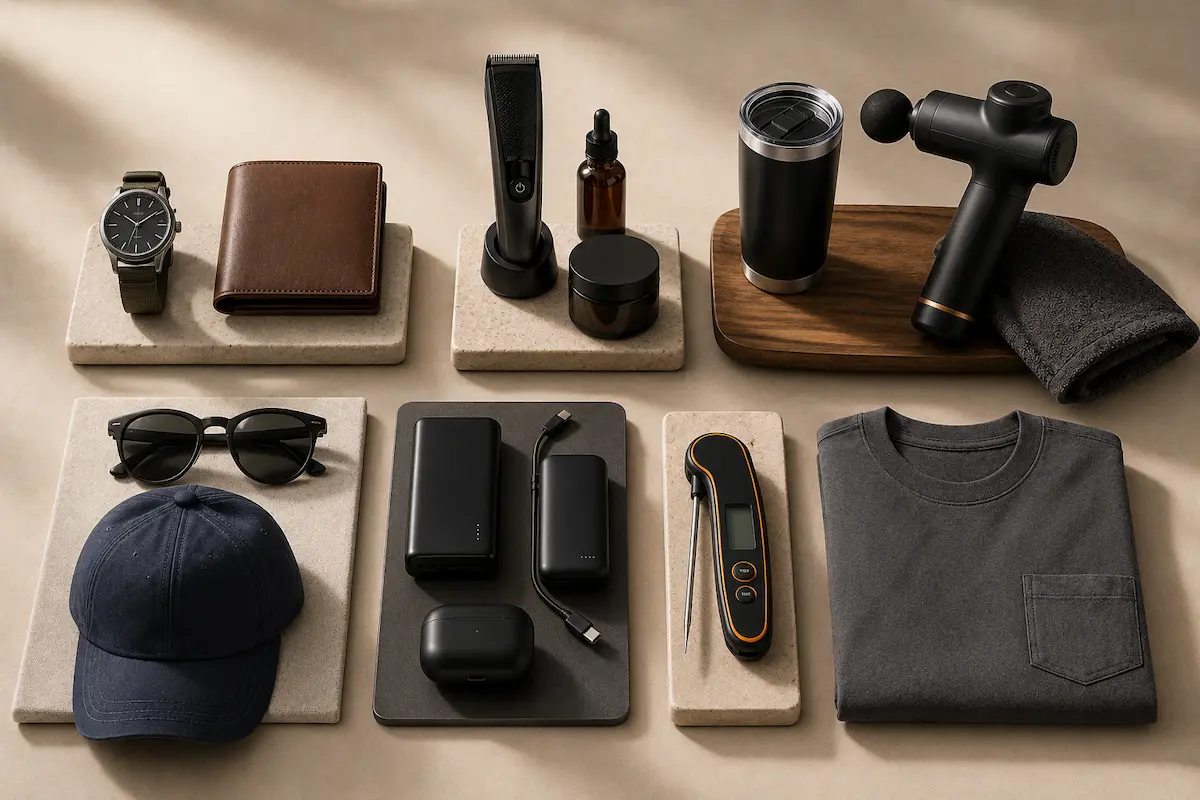 Organized Father’s Day gift guide scene with practical gift categories for dads who say they want nothing