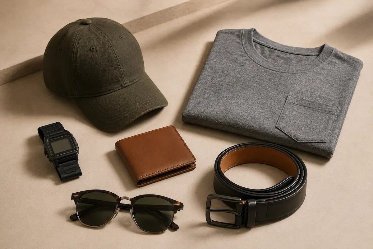 Men’s style essentials Father’s Day gifts including watch, wallet, belt, sunglasses, cap, and pocket t-shirt