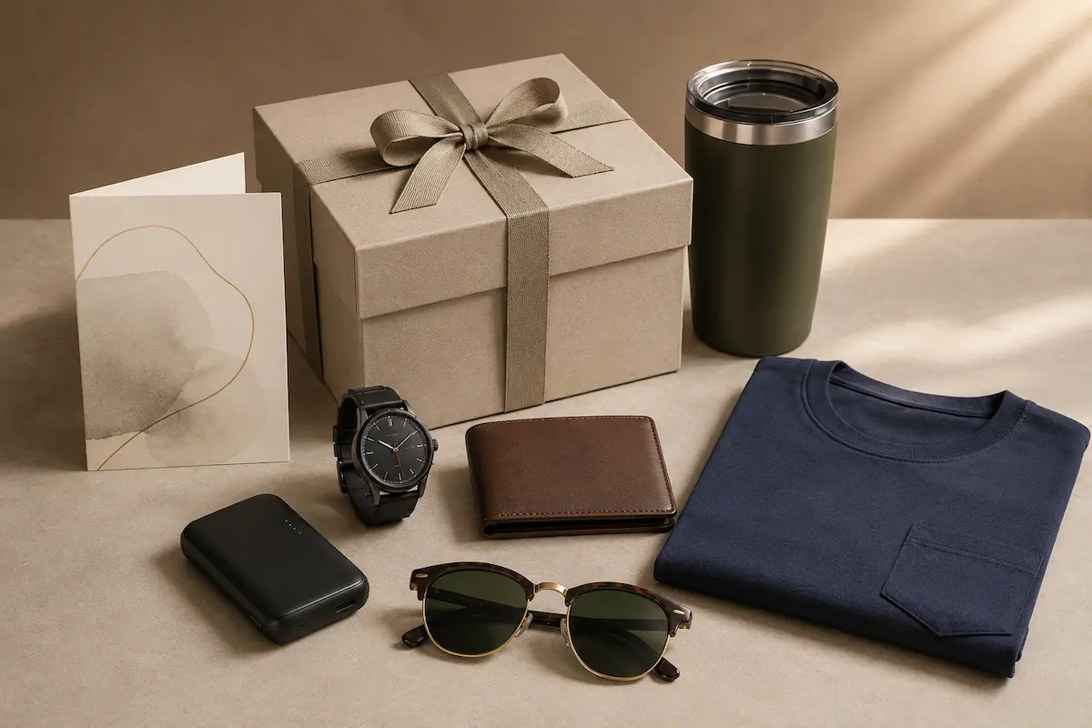 Thoughtful last-minute Father’s Day gift setup with watch, wallet, power bank, sunglasses, tumbler, and pocket t-shirt