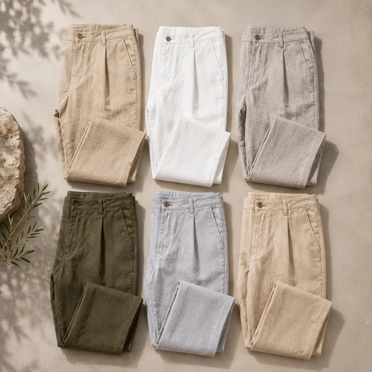 Best linen pants colors for men arranged in beige, stone, olive, light gray, and off-white summer shades
