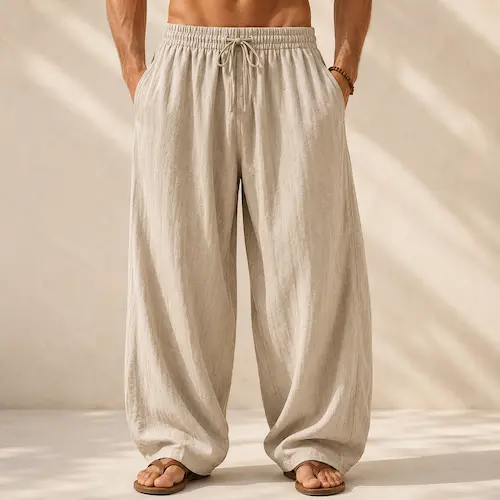 LINENNMAIN men’s extra-loose cotton-linen harem pants styled for resort wear, beach outfits, yoga, and relaxed summer travel