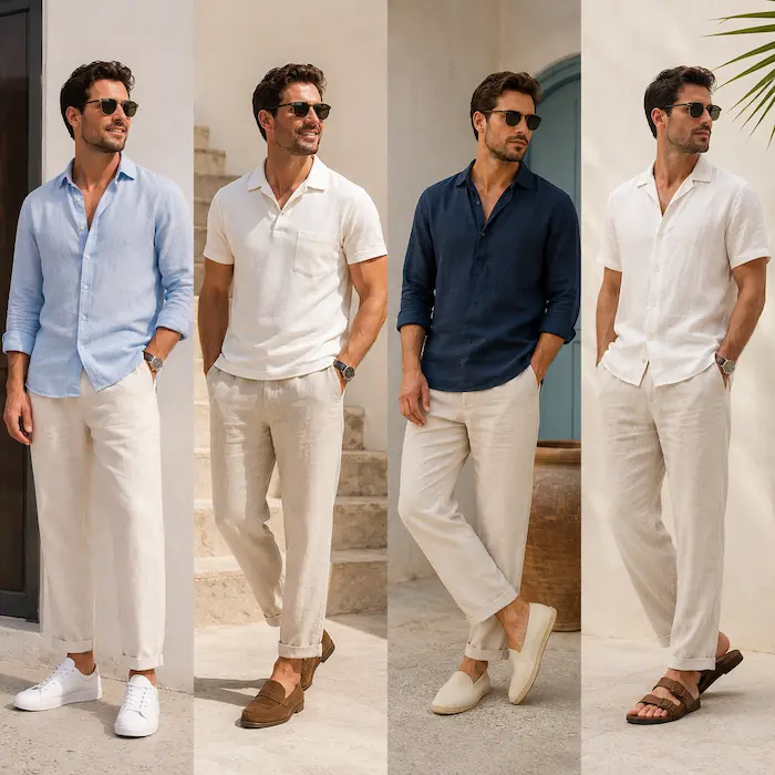 Best shoes to wear with linen pants for men including clean white low-top sneakers and a smart-casual summer outfit