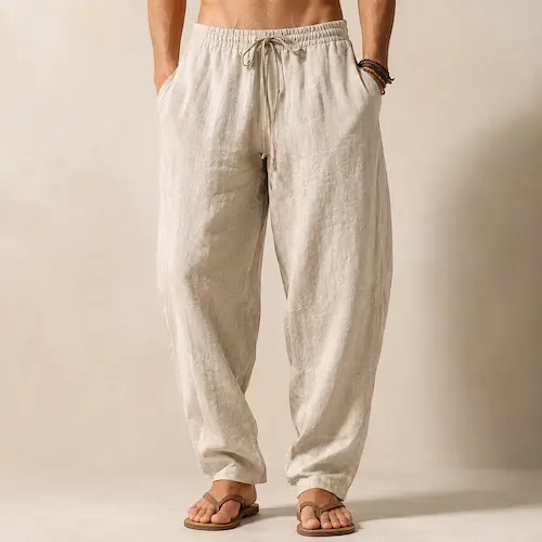 TRFIC men’s relaxed drawstring linen harem pants styled for beach days, vacations, yoga, and casual hot-weather outfits