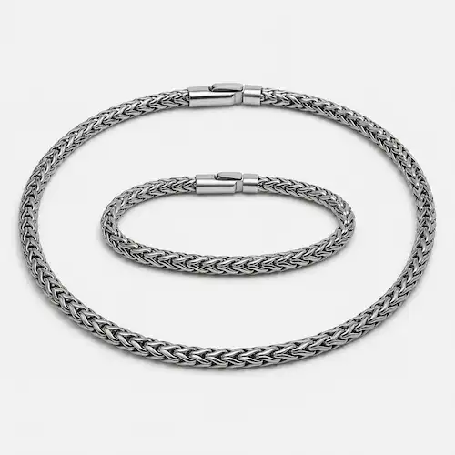 FIBO STEEL stainless steel wheat chain necklace and bracelet set styled as clean men’s jewelry
