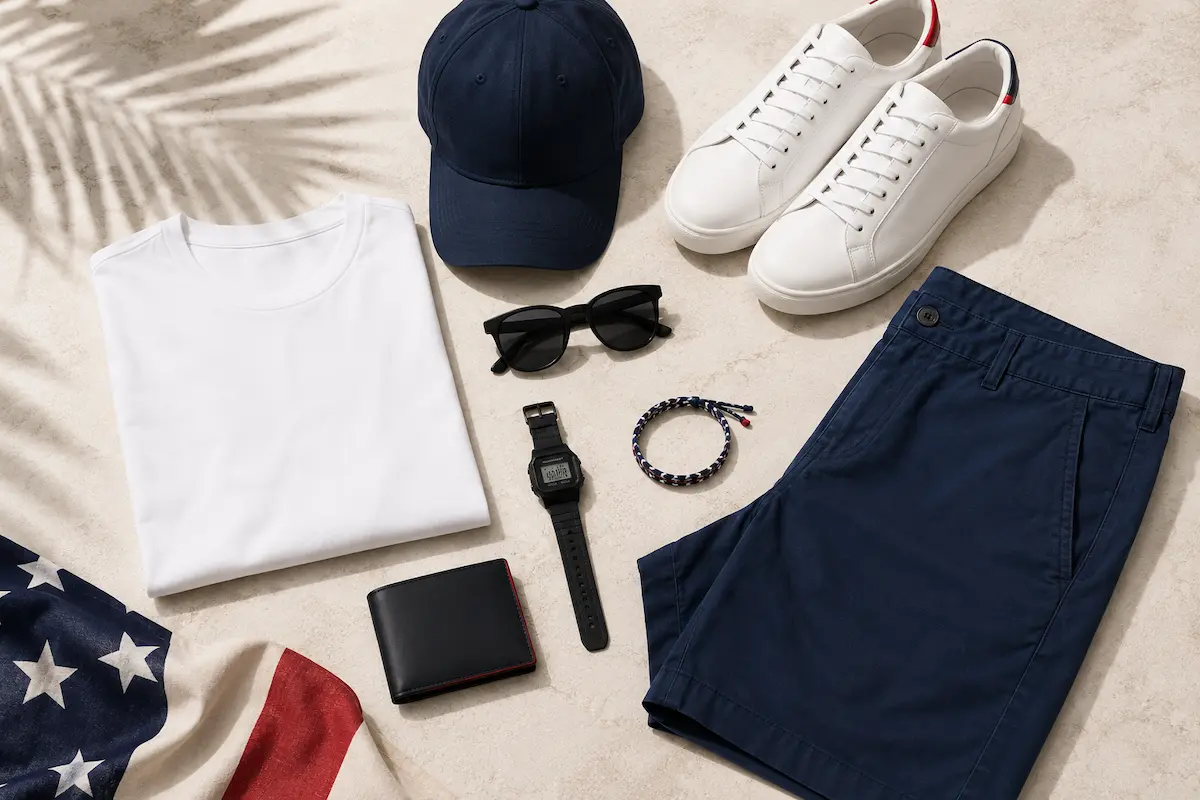 Men’s 4th of July outfit ideas styled with summer accessories including watch, sunglasses, cap, slim wallet, backpack, and casual clothes