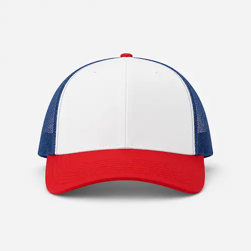 Richardson 112 red white and blue trucker hat styled as a patriotic July 4th accessory for men
