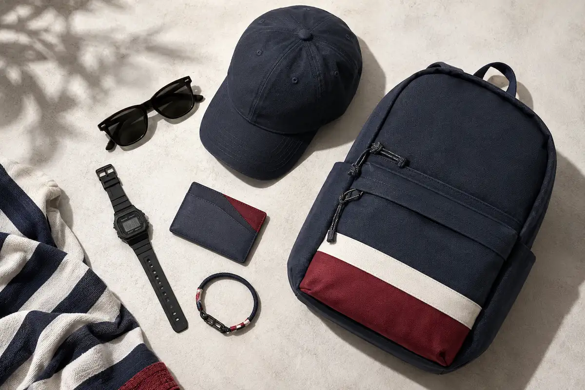 Men’s 4th of July accessories flat lay with digital watch, sunglasses, cap, slim wallet, bracelet, and backpack