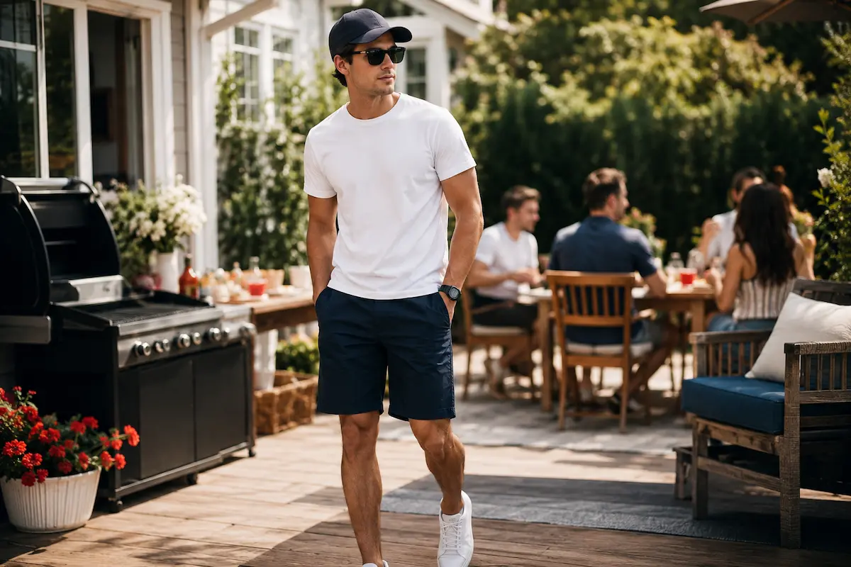 Casual men’s 4th of July BBQ outfit with white shirt, navy shorts, sneakers, sunglasses, cap, and watch