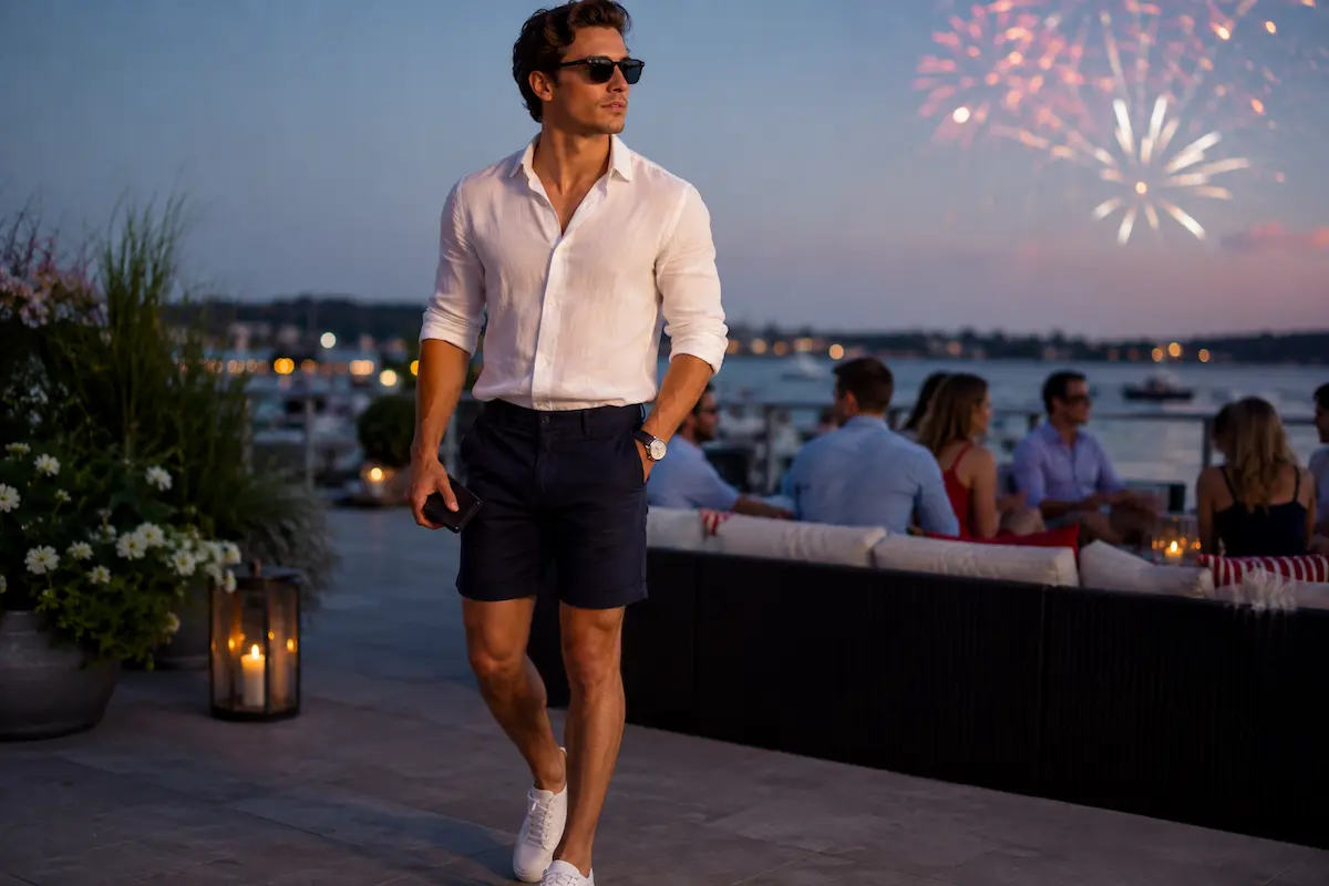 Smart casual men’s evening 4th of July outfit with lightweight shirt, chinos, watch, sunglasses, and slim wallet
