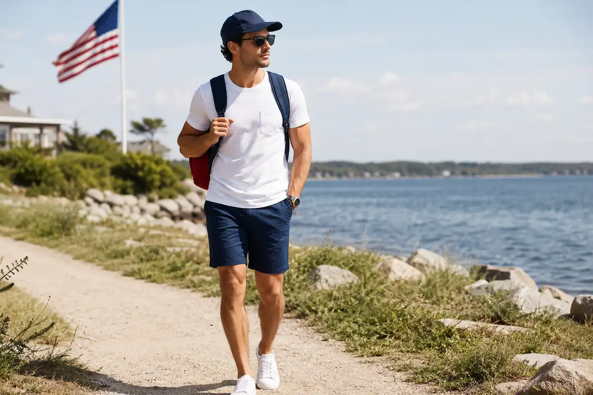 Outdoor men’s 4th of July outfit with sunglasses, booney sun hat, backpack, watch, shorts, and casual summer style
