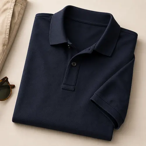 Classic cotton pique polo shirt styled with chinos for men’s summer outfits