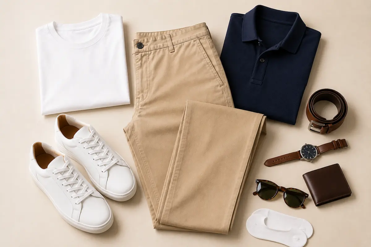 Men’s summer chino outfit flat lay with beige chinos, white t-shirt, navy polo, white sneakers, belt, sunglasses, watch, slim wallet, and no-show socks