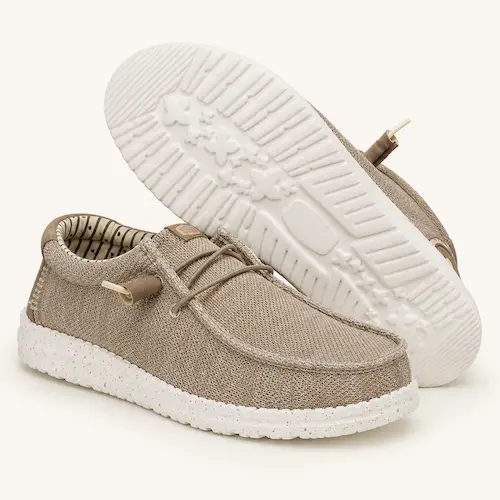 Relaxed beige slip-on loafer sneakers styled as casual shoes for men’s chino outfits