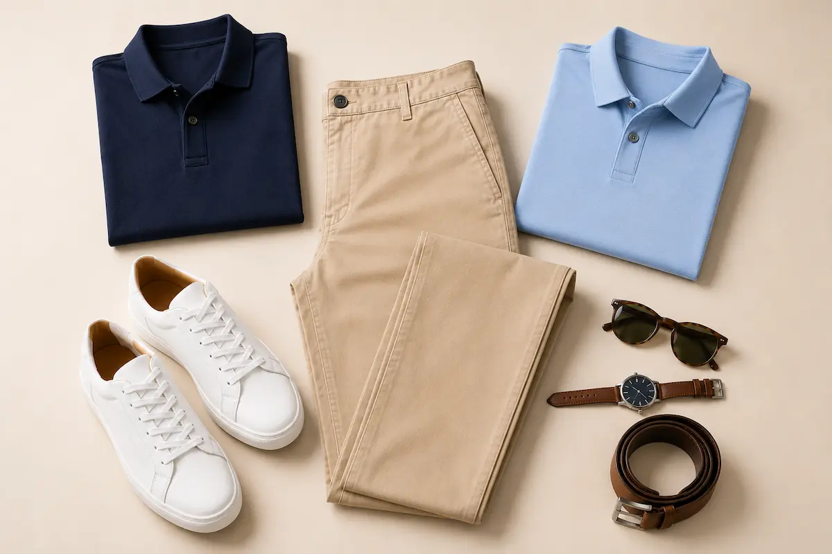 Men’s chinos styled with navy polo shirt, quick-dry polo, watch, belt, sunglasses, and clean sneakers