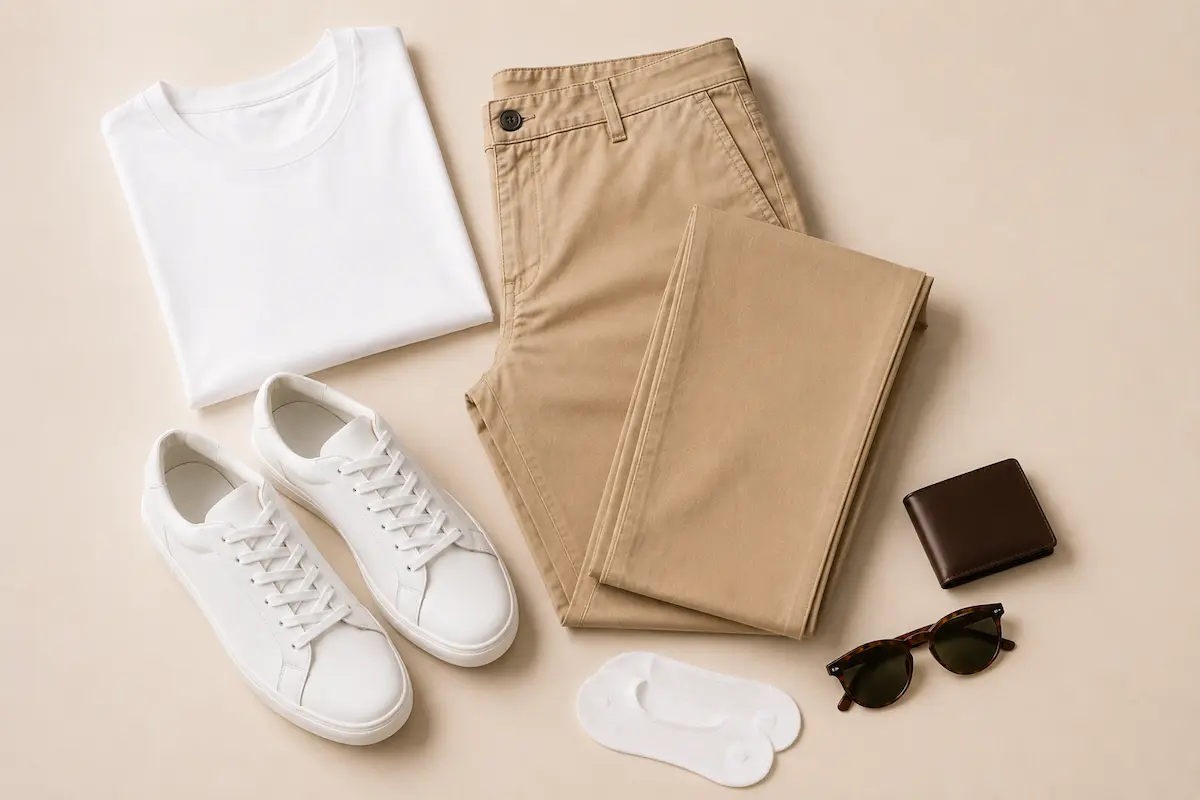 Men’s chinos outfit with white t-shirt, white sneakers, sunglasses, no-show socks, and slim wallet