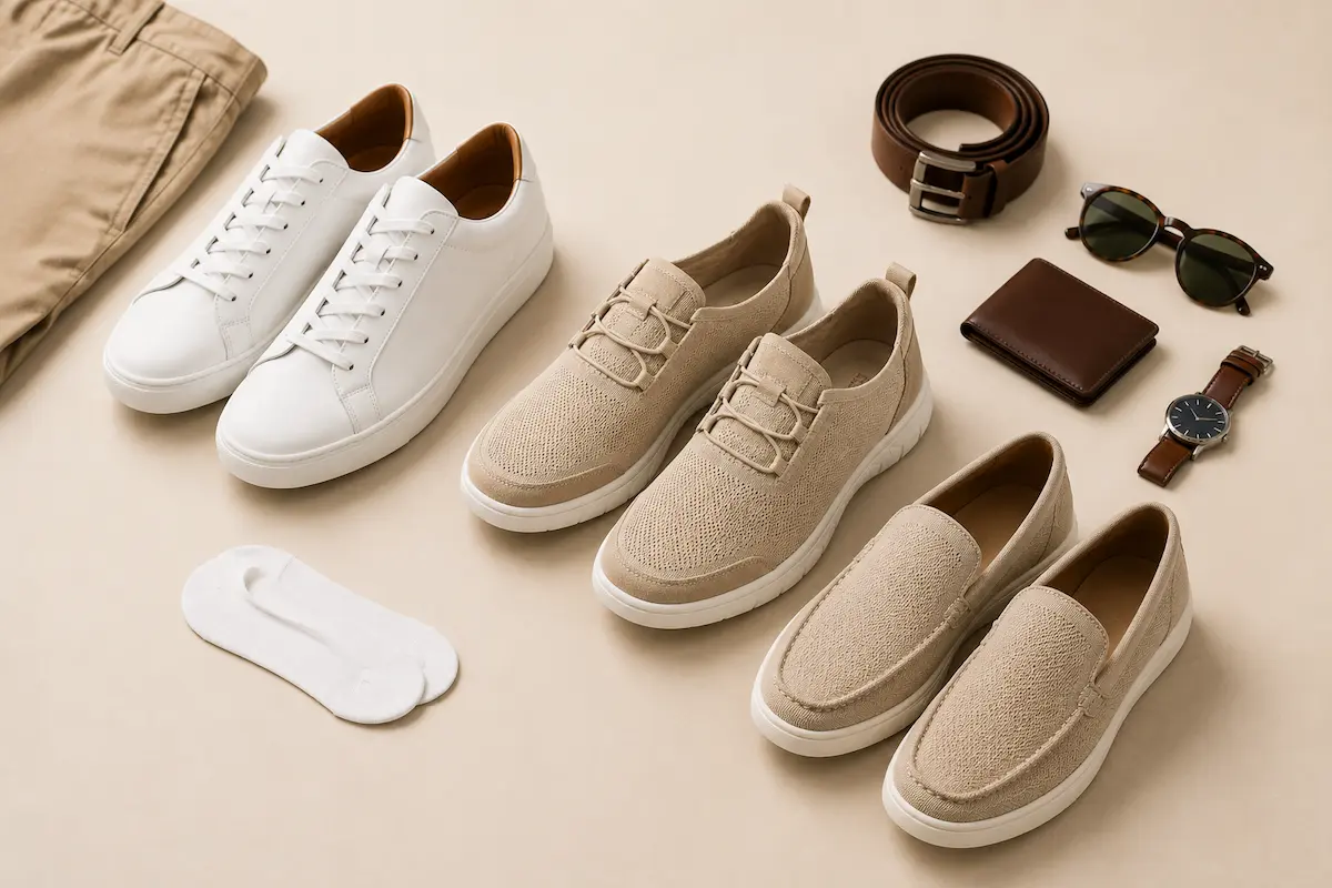 Men’s shoes and accessories for chinos including white sneakers, smart casual sneakers, slip-on loafers, belt, watch, wallet, and no-show socks