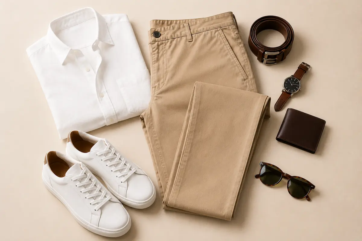 Smart casual chino outfit with polo shirt, belt, watch, slim wallet, sunglasses, and smart casual sneakers