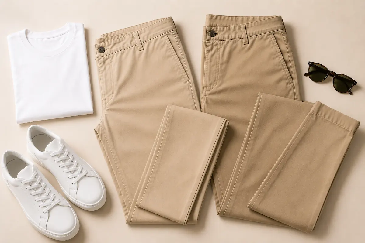 Beige and khaki chinos styled with summer basics for men’s casual outfits
