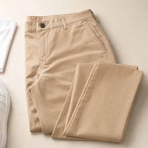 Slim-fit beige khaki chinos styled as the main pants for clean men’s summer outfits
