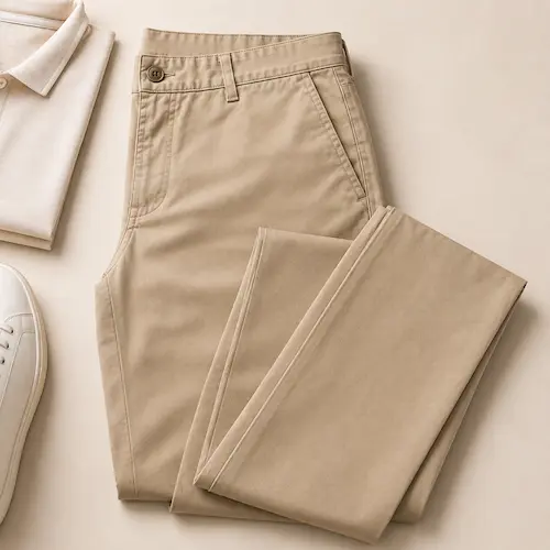 Straight-fit khaki chino pants styled as relaxed men’s summer outfit pants