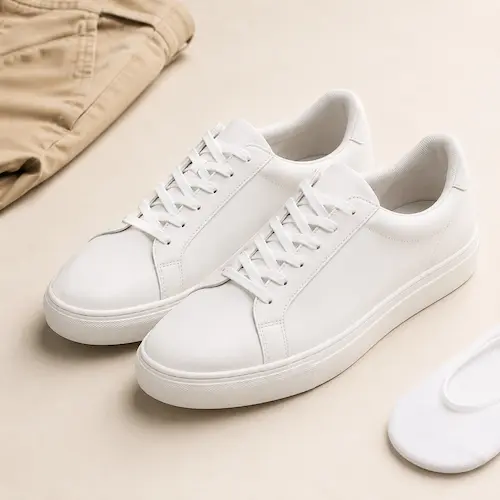White low-top men’s sneakers styled with beige chinos for casual summer outfits