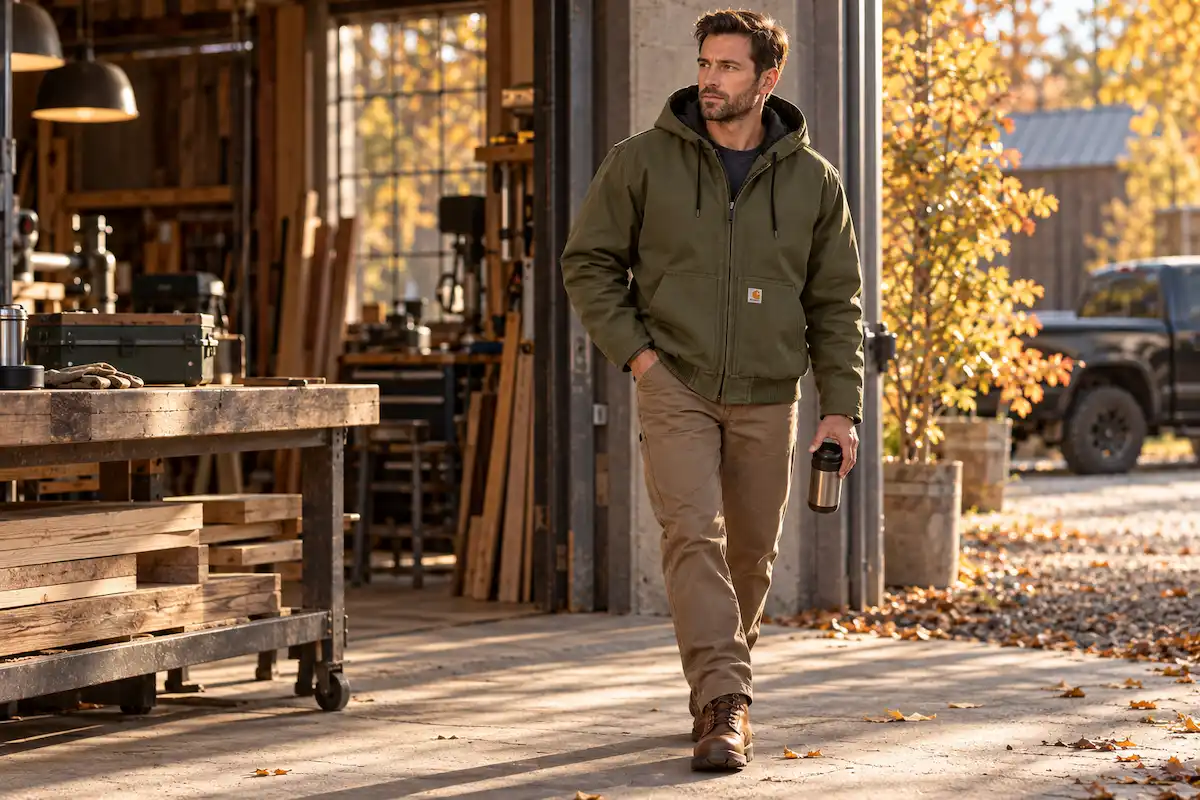 Men's rugged workwear jacket styled for fall