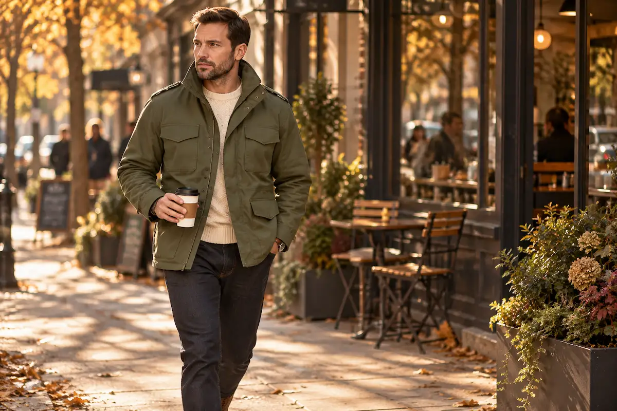 Men's field jacket styled for a casual fall outfit with layered clothing