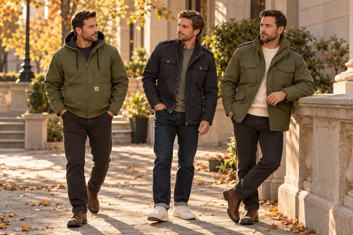 Men's field and utility jackets styled for fall with practical layered outfits