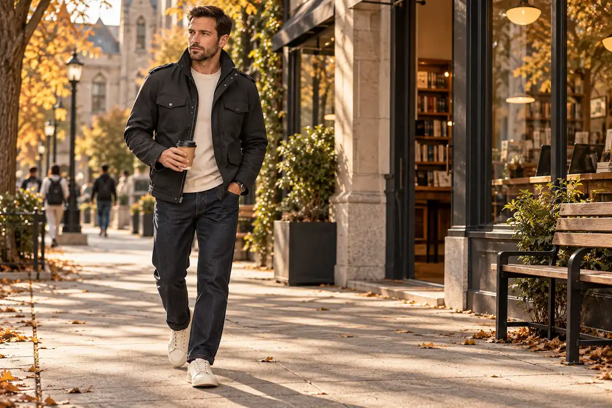 Men's military-inspired field jacket worn with a relaxed everyday fall outfit