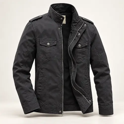 WenVen Men's Casual Washed Cotton Military Jacket in a dark neutral color