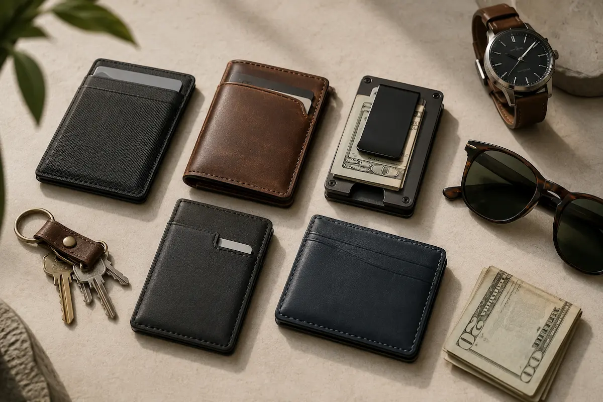 Best men’s slim wallets under 30 dollars styled with everyday carry accessories including watch, sunglasses, keys, cards, and cash