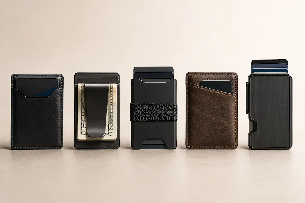 Different slim wallet styles including front-pocket wallet, money clip wallet, minimalist cardholder, RFID wallet, and leather-style wallet