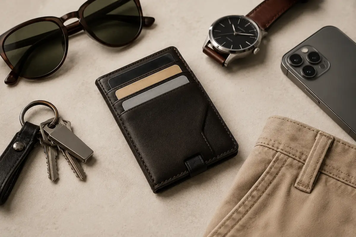 Minimal everyday carry setup with slim wallet, watch, sunglasses, keys, phone, and casual men’s accessories