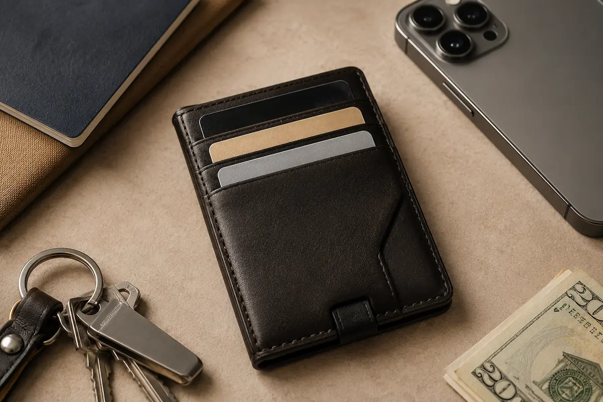 Slim RFID wallet styled with cards, passport corner, phone, keys, and folded cash for travel and everyday carry