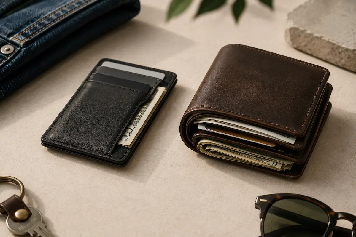 Slim men’s wallet compared with a bulky traditional wallet to show cleaner everyday carry