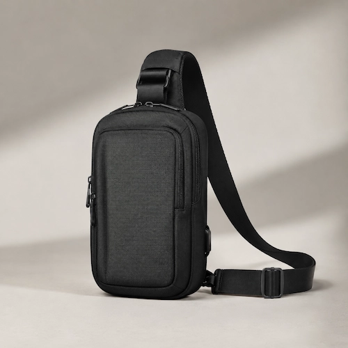tomtoc compact EDC sling bag styled as a black everyday carry crossbody bag for men