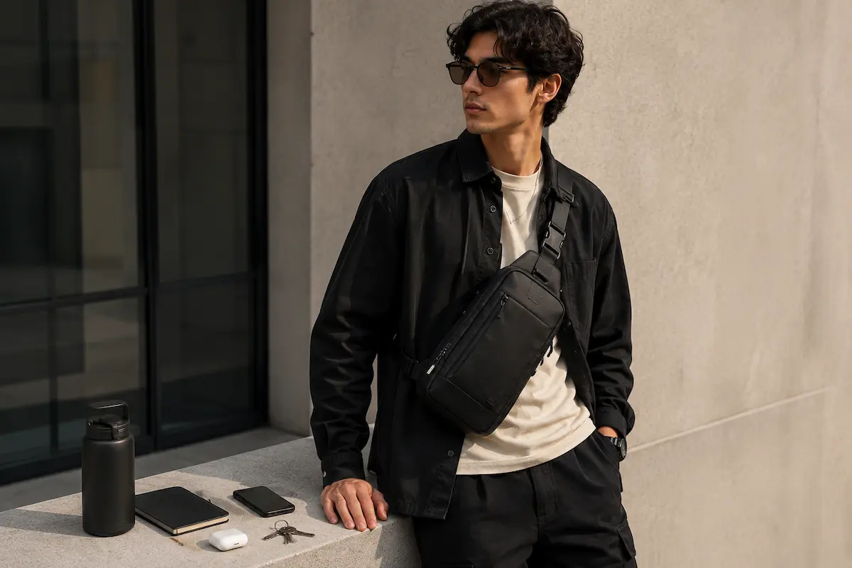 Black compact sling bag for men styled as an everyday carry crossbody bag