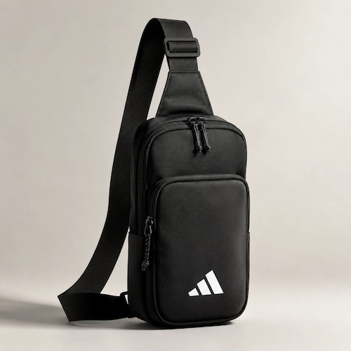 adidas Essentials-style black crossbody sling bag for men shown as an athletic everyday carry option