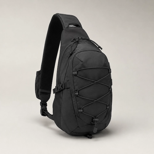 The North Face Borealis-style black sling bag for men styled as a branded daily carry option