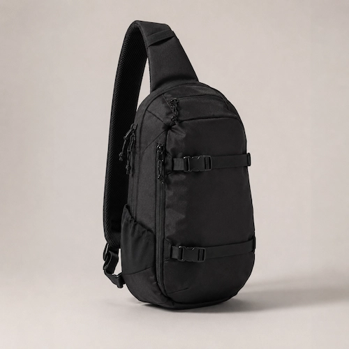 Patagonia Atom-style black sling bag for men styled as an outdoor streetwear crossbody bag