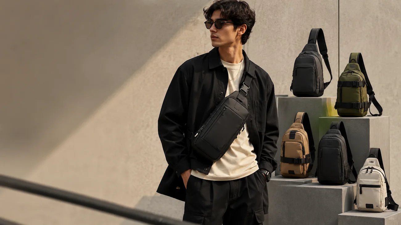Best sling bags for men styled in a Gen Z urban fashion scene with crossbody bags and casual outfits