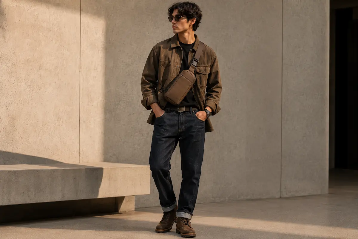Brown rugged crossbody bag for men styled as a workwear everyday carry option