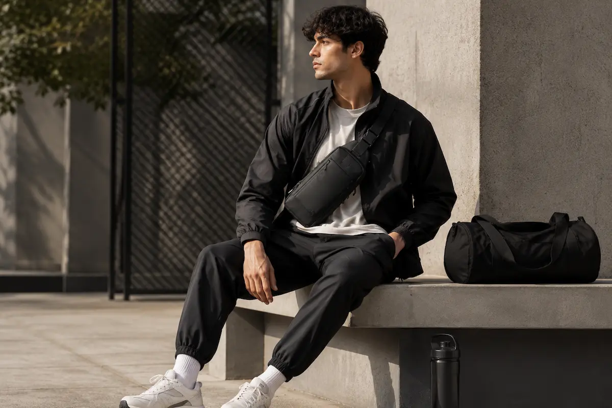 Black sporty crossbody bag for men styled for gym and streetwear outfits