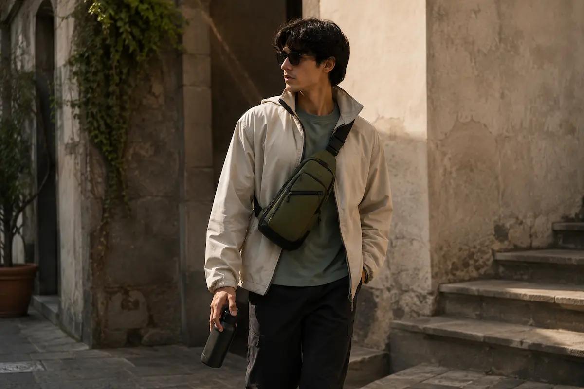 Olive green sling bag for men styled as a travel and outdoor crossbody bag