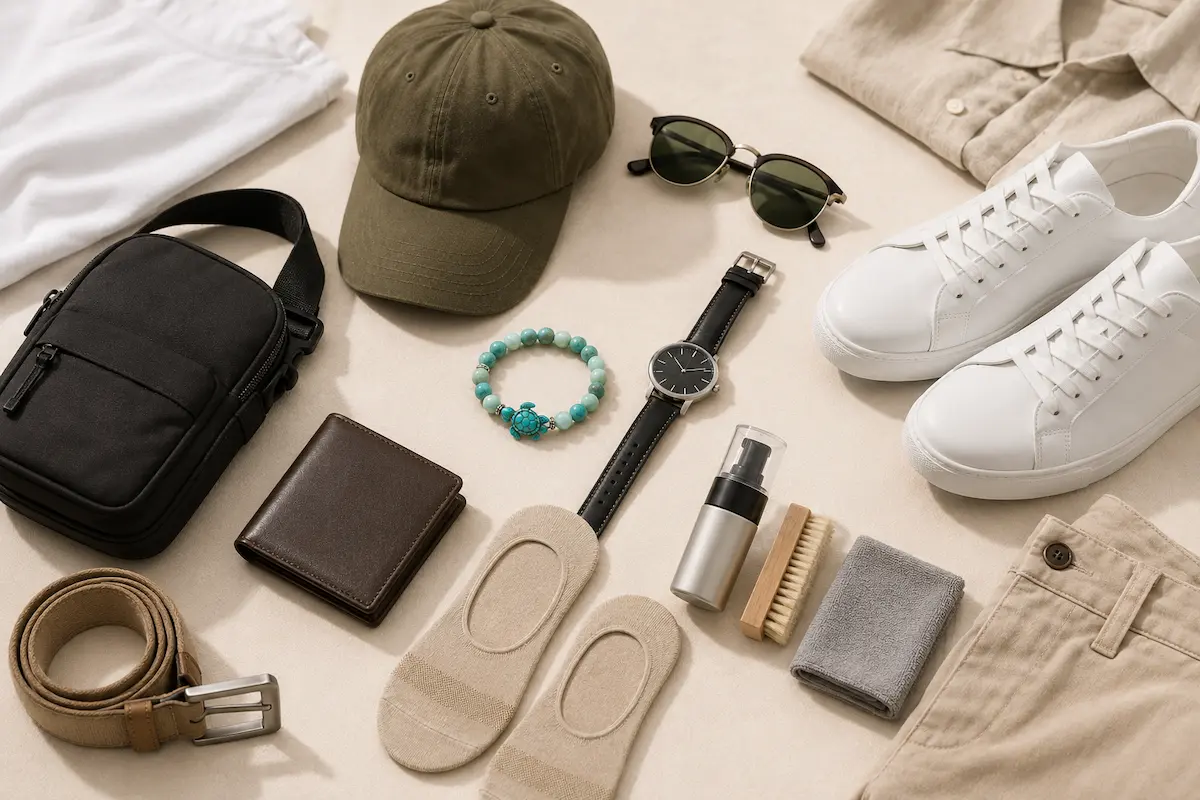 Men’s summer accessories styled with sunglasses, cap, watch, sling bag, slim wallet, belt, sea turtle bracelet, no-show socks, sneaker cleaning kit, and white sneakers