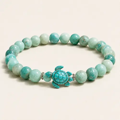 Aqua beaded sea turtle bracelet styled as an ocean-inspired summer accessory for men’s casual outfits