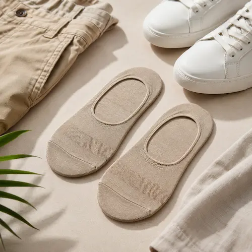 Men’s no-show socks styled with white sneakers, shorts, and summer casual accessories