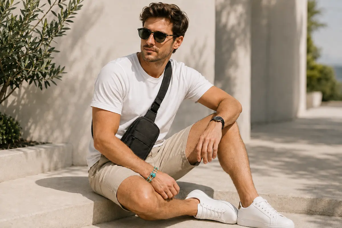 Young man wearing casual summer outfit with sunglasses, watch, aqua bracelet, sling bag, and clean white sneakers