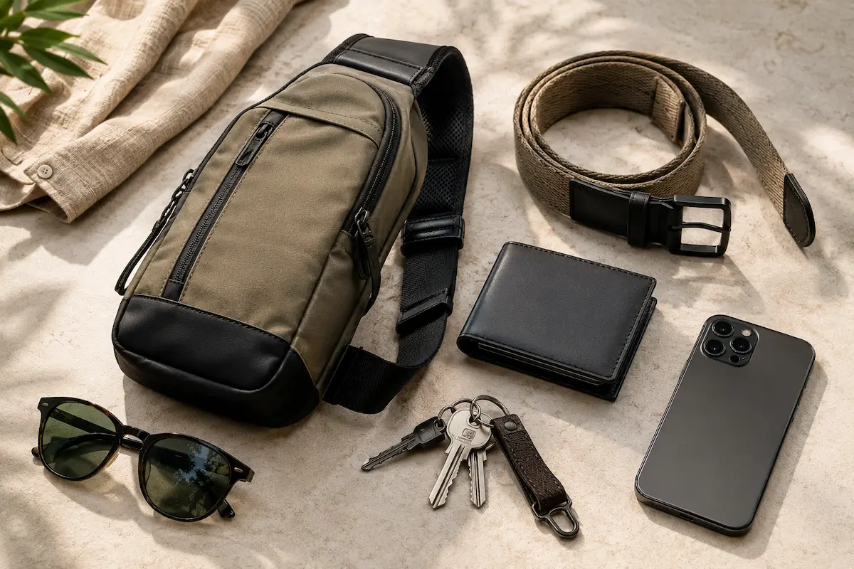 Compact sling bag, slim wallet, and casual belt styled as men’s summer everyday carry accessories